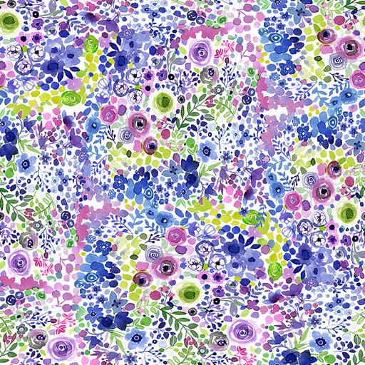 Clothworks Painted Patchwork - Berry Floral in Periwinkle