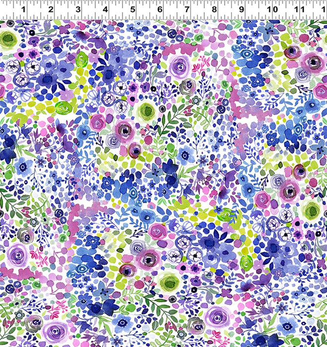 Clothworks Painted Patchwork - Berry Floral in Periwinkle